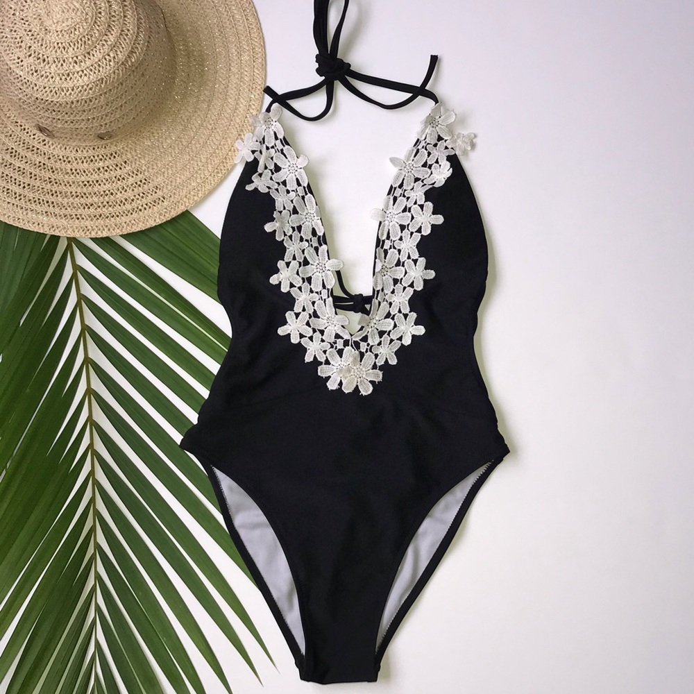 Black onepiece deep V halter bathingsuit swimsuit